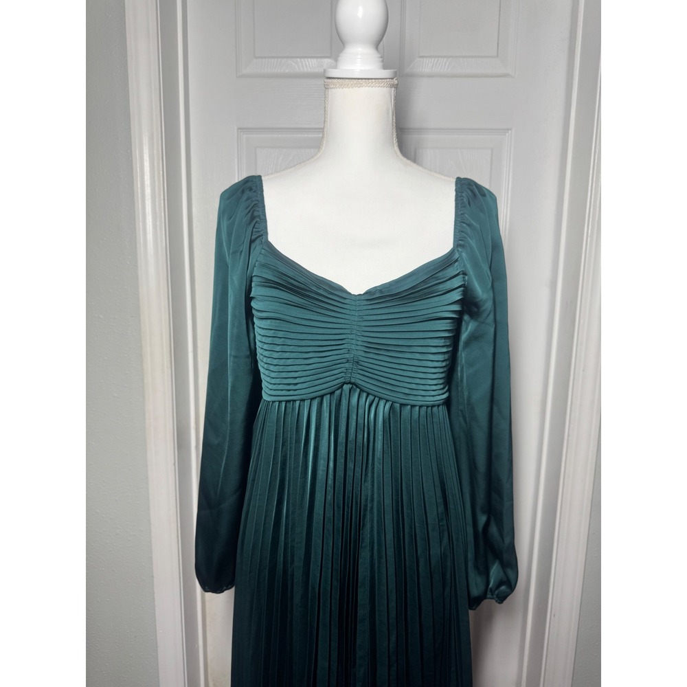 By The River Pleated Satin Midi Dress M Green Excellent Long Sleeve - Picture 2 of 6